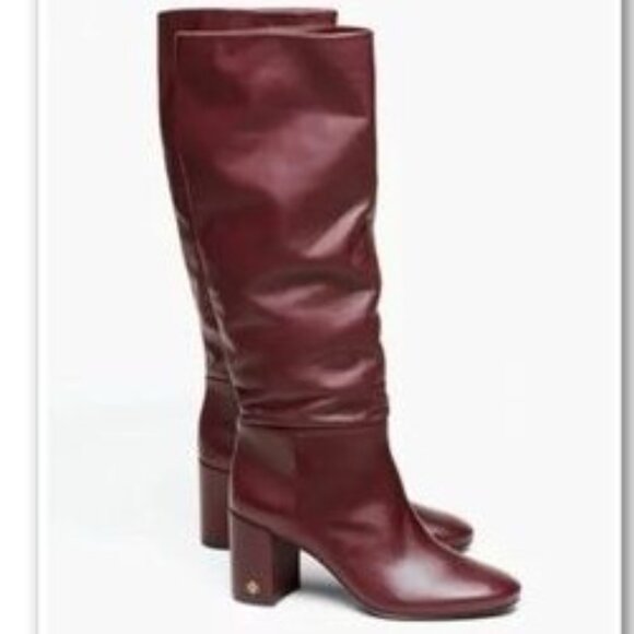 NWOB NWT TORY BURCH US 8 Burgundy Red Brooke Sloughy Logo Riding Knee High Boots - Picture 1 of 7